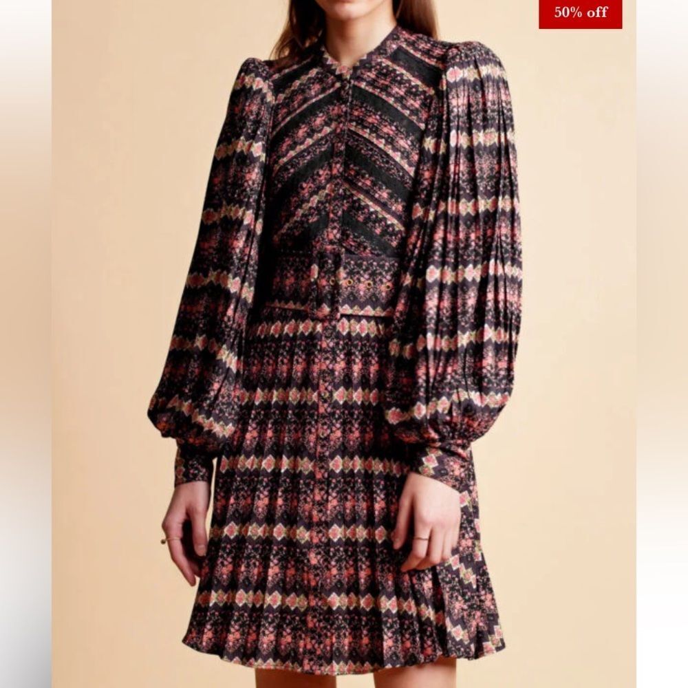 Serafina by TiMo Plisse Mini Floral Belted Button Up Dress size Small